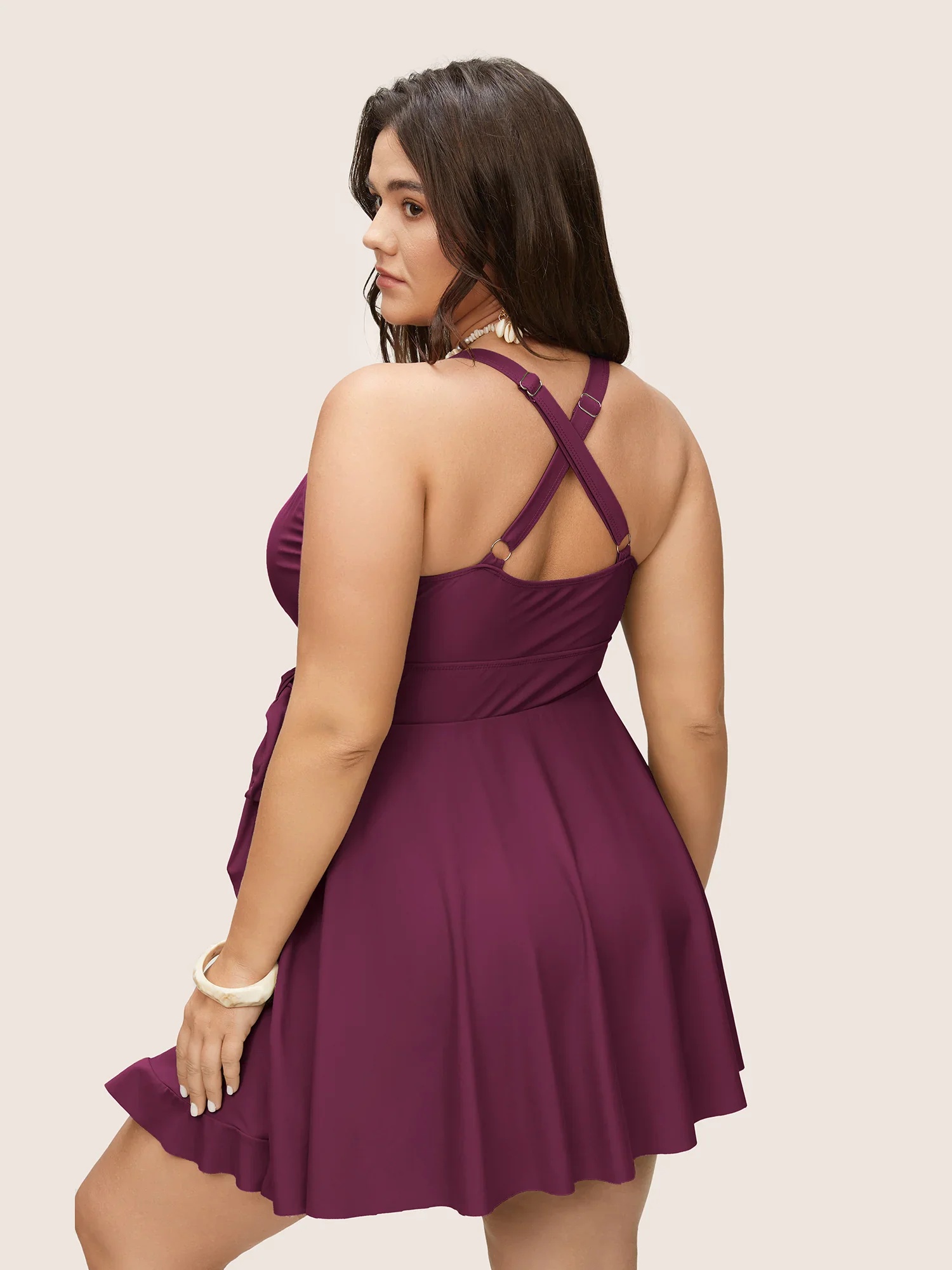 Plus Size One Piece Swimsuit Sleeveless V-Neck Bandage Cover Up Swim Dress